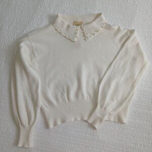 Elie Tahari White Knit Sweater with Pearl Embellished Collar Size S